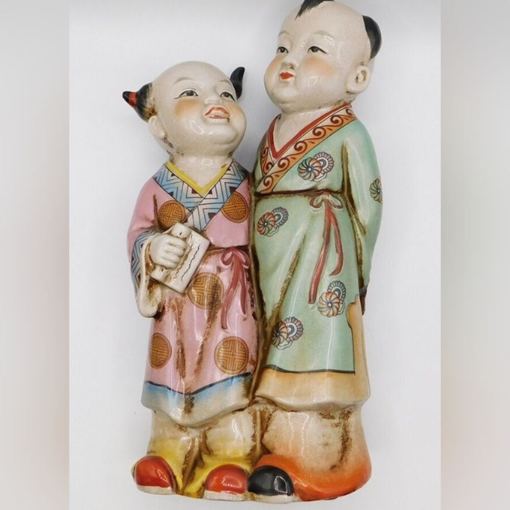 Vintage Antique Japanese Porcelain Polychrome Kutani Imari Double Statue 14"Tall - Picture 8 of 9